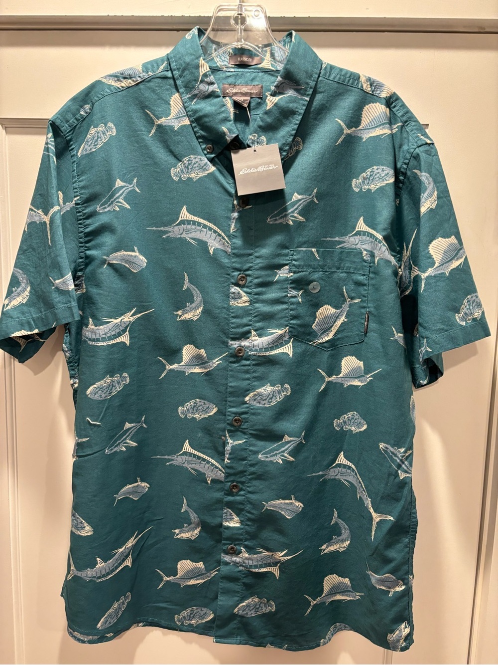 Eddie Bauer NEW Mr SS Kingston Short Sleeve Button Down Shirt Blue Mens L Fish